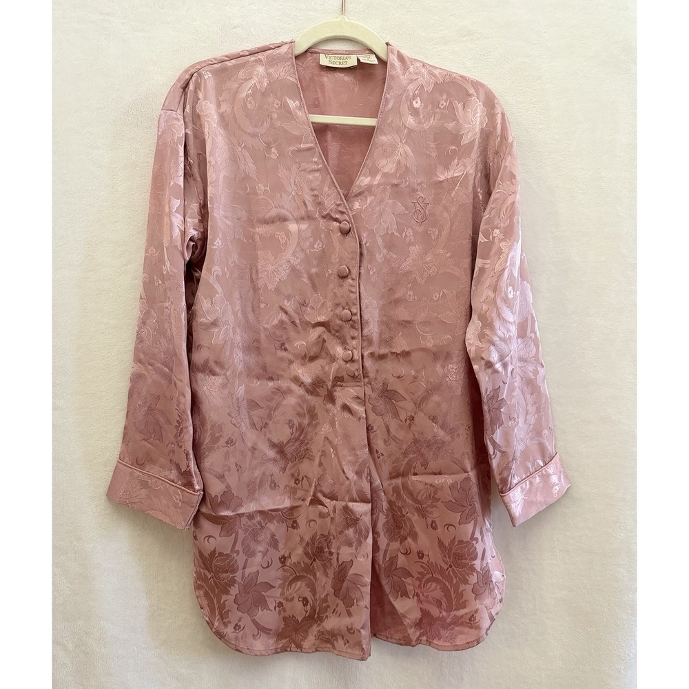Vintage Victoria's Secret Gold Label S Pink Floral Satin Night Shirt Embossed